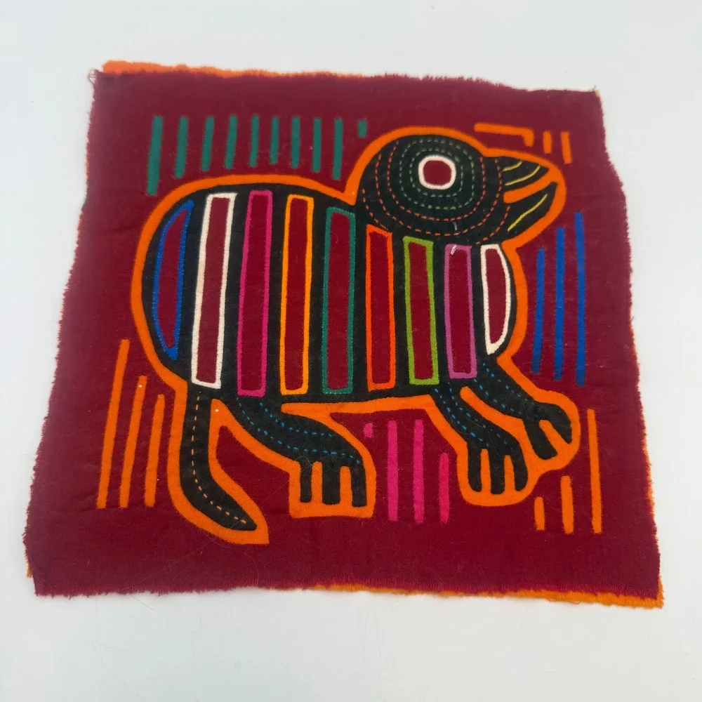 Vintage Panama Mola Textile Art Panel Handmade Reverse Applique Animal Burgundy